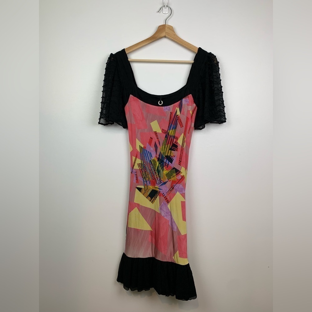 Save The Queen Dress Size Medium Italy Multicolor Lace Sleeves Lined Y2K Read - Picture 5 of 16